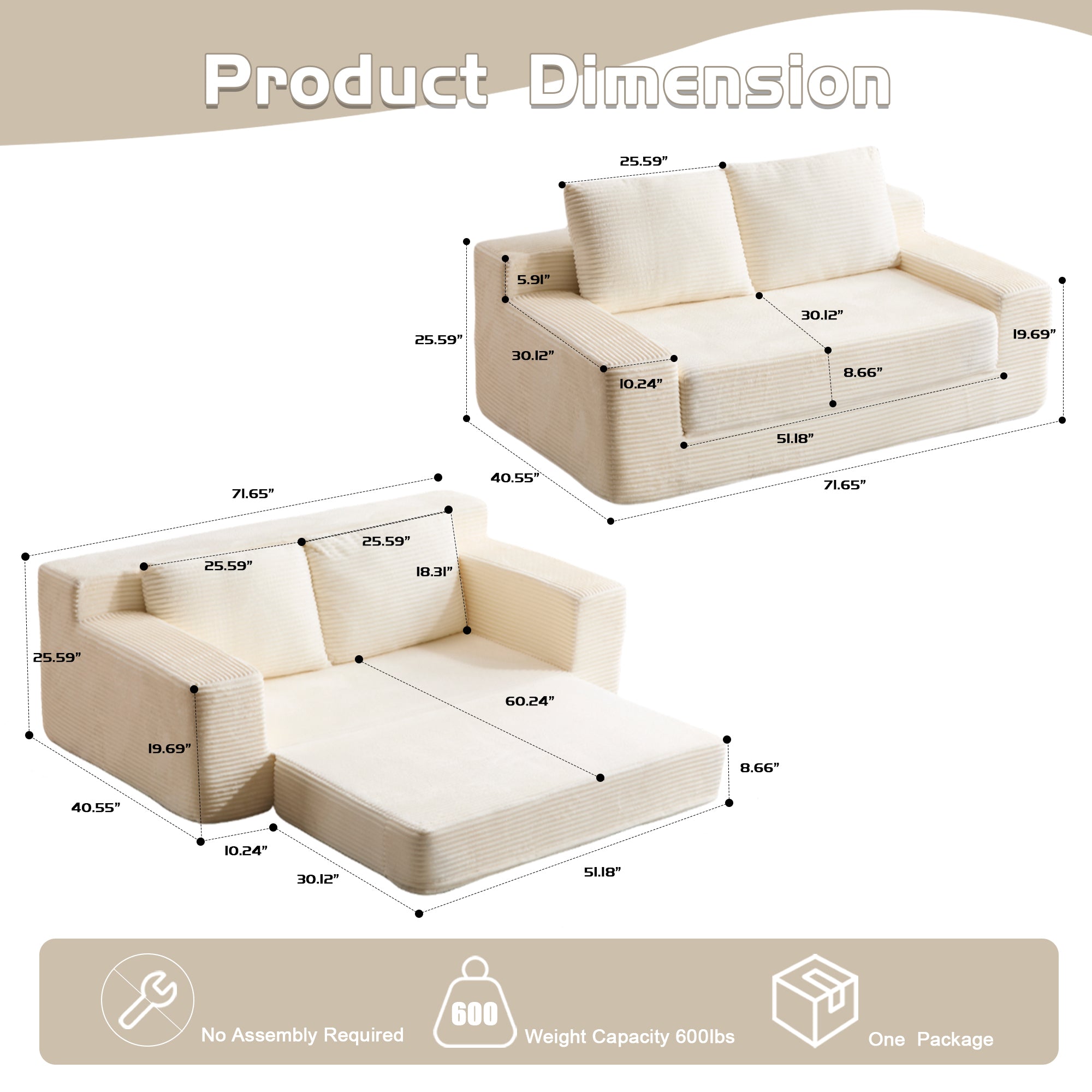 White Corduroy Loveseat Sofa Reversible Cushions