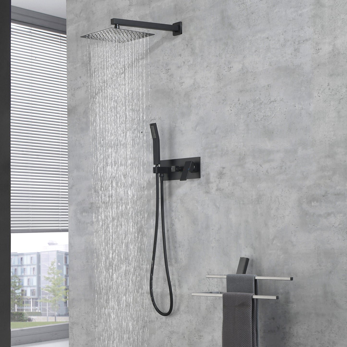 Brass Matte Black Shower Faucet With Shower System, 10 Inch Shower Head And Handheld Spray Bathroom Deluxe Faucet Combination