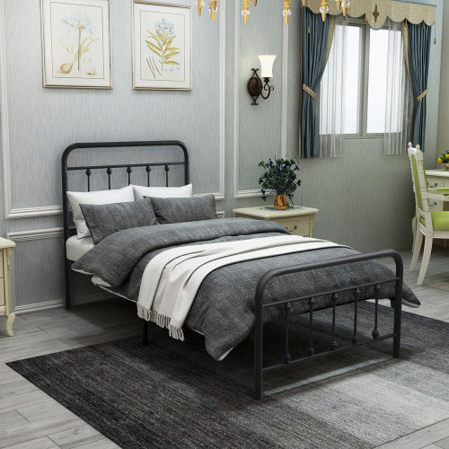 Metal Platform Bed Frame, Victorian Style HeadboardFootboard  Under Bed Storage  No Box Spring Needed Twin Size Black