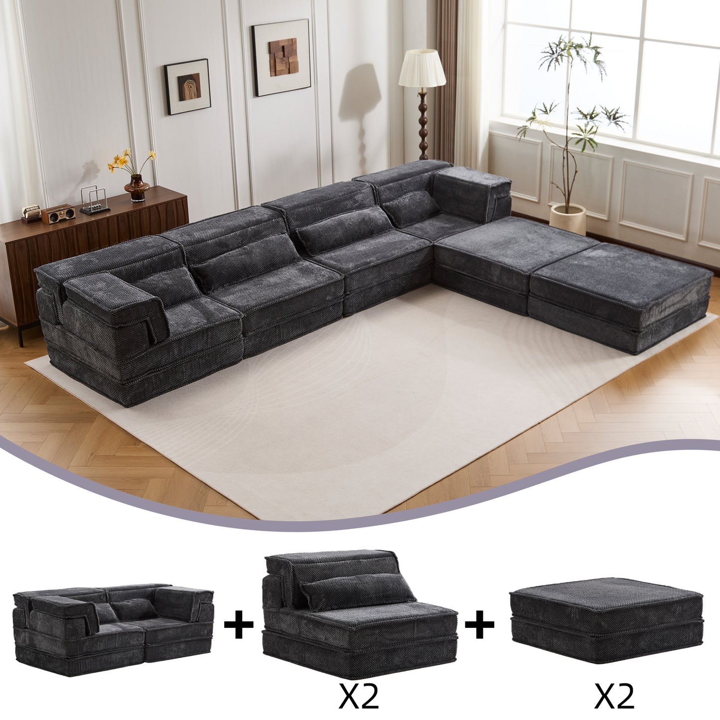 Compression Mahjong Sofa,Convertible Floor Sofa Bed,DIY Boneless Modular Sectional Sofa,No Assembly Required,Circle Fleece Fabric,Oversized 4 Seater With 2 Ottoman,Dark-grey
