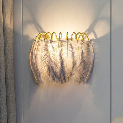 Feather gold wall light fixture with golden wireframe and white gray feathers luxury bedroom wall light sconce