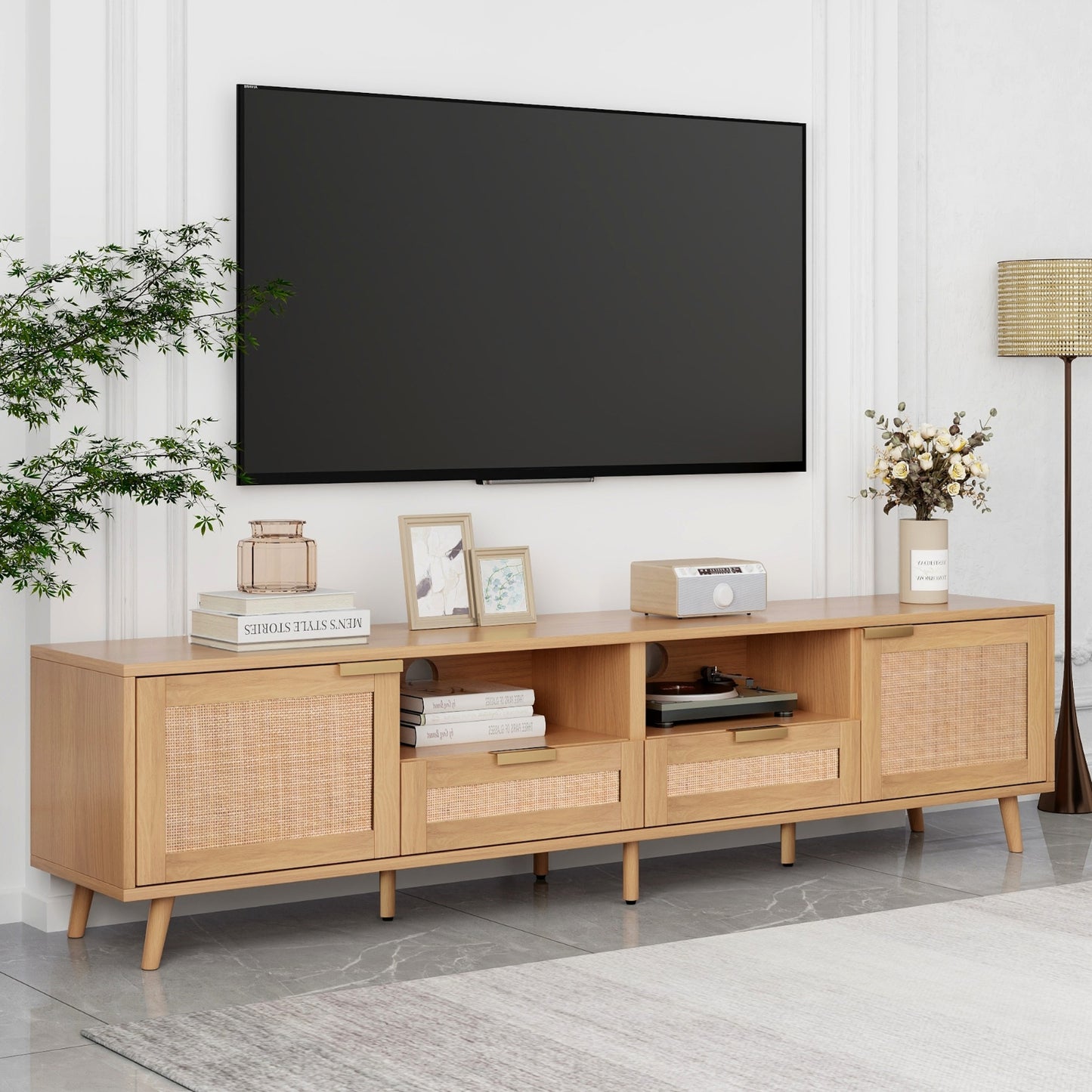 Rattan TV Stand For TVs Up To 85'', Modern Farmhouse Media Console Center
