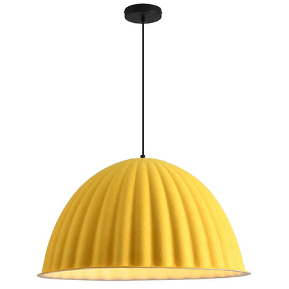 Yellow ribbed felt pendant light with black ceiling mount and cord designed as a pendant light acoustic for office use