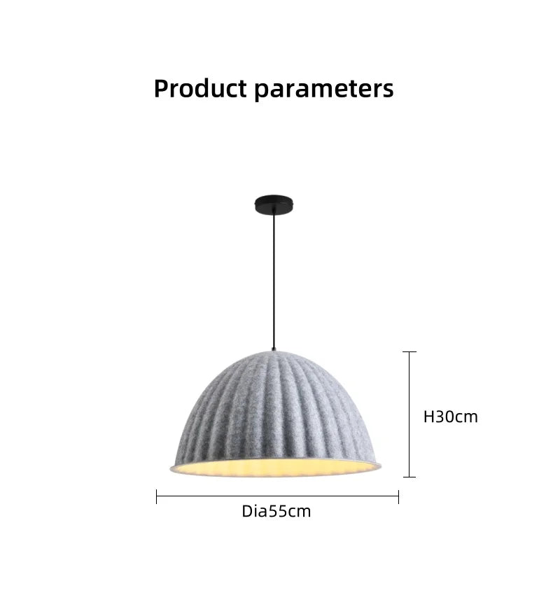 Gray felt pendant light acoustic with pleated fabric shade and black ceiling mount for office lighting
