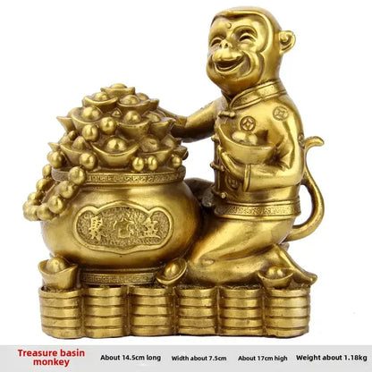 Golden brass copper monkey statue kneeling beside ornate treasure basin overflowing with gold ingots for living room decor
