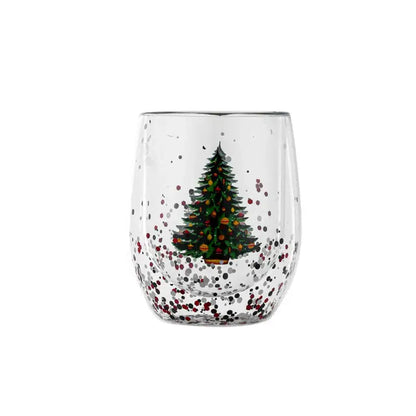 Clear stemless double wall glass mug with festive christmas tree design and red black silver glitter speckles