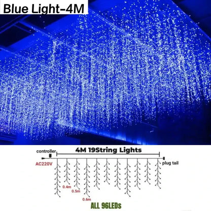 Blue led string lights with a cascading waterfall design for festive golden led string lights outdoor garden decor