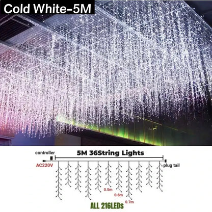 Cold white 5-meter led string lights with cascading bulbs designed for festive outdoor garden decor