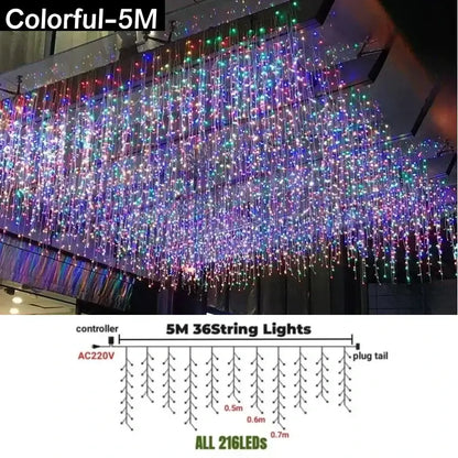 Colorful 5-meter led string lights with 216 leds for festive golden outdoor garden decor and celebration lighting