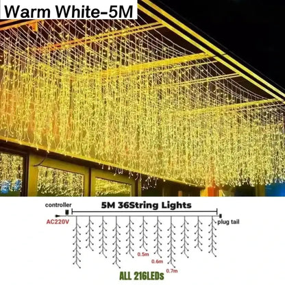 Warm white festive golden led string lights with 36 delicate cascading strands for outdoor garden decor use