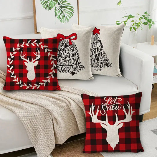 Festive red and black plaid elk print linen throw pillowcase with white deer silhouette wreath for living room decorbites elk print