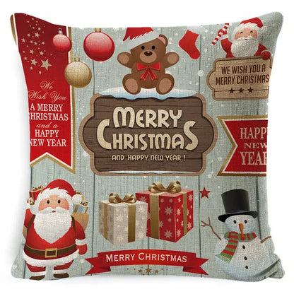 Festive red and black plaid elk print linen pillowcase with christmas illustrations on rustic wooden background decorbites elk print
