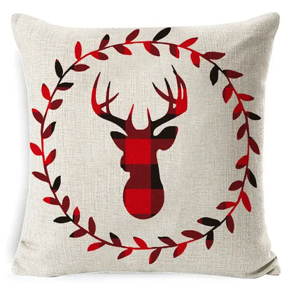 Beige linen print linen pillowcase featuring festive red and black decorbites elk print with wreath design