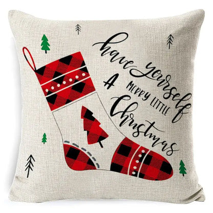 Beige linen throw pillow with festive red and black decorbites elk print and green pine trees in elk print linen pillowcase