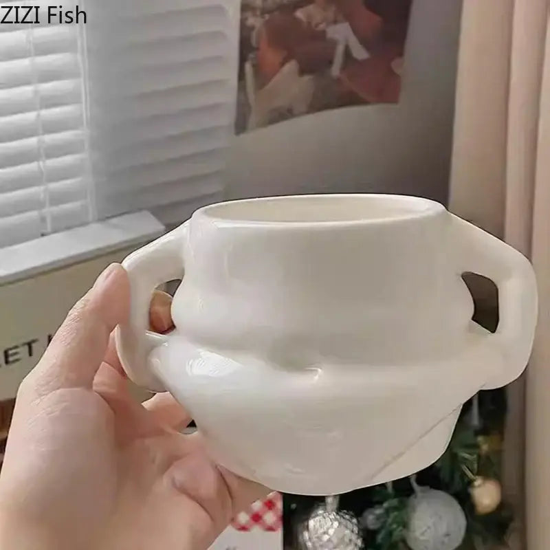 Festive white santa claus ceramic mug set dining room soup bowl with two sculpted handles and glossy ceramic finish
