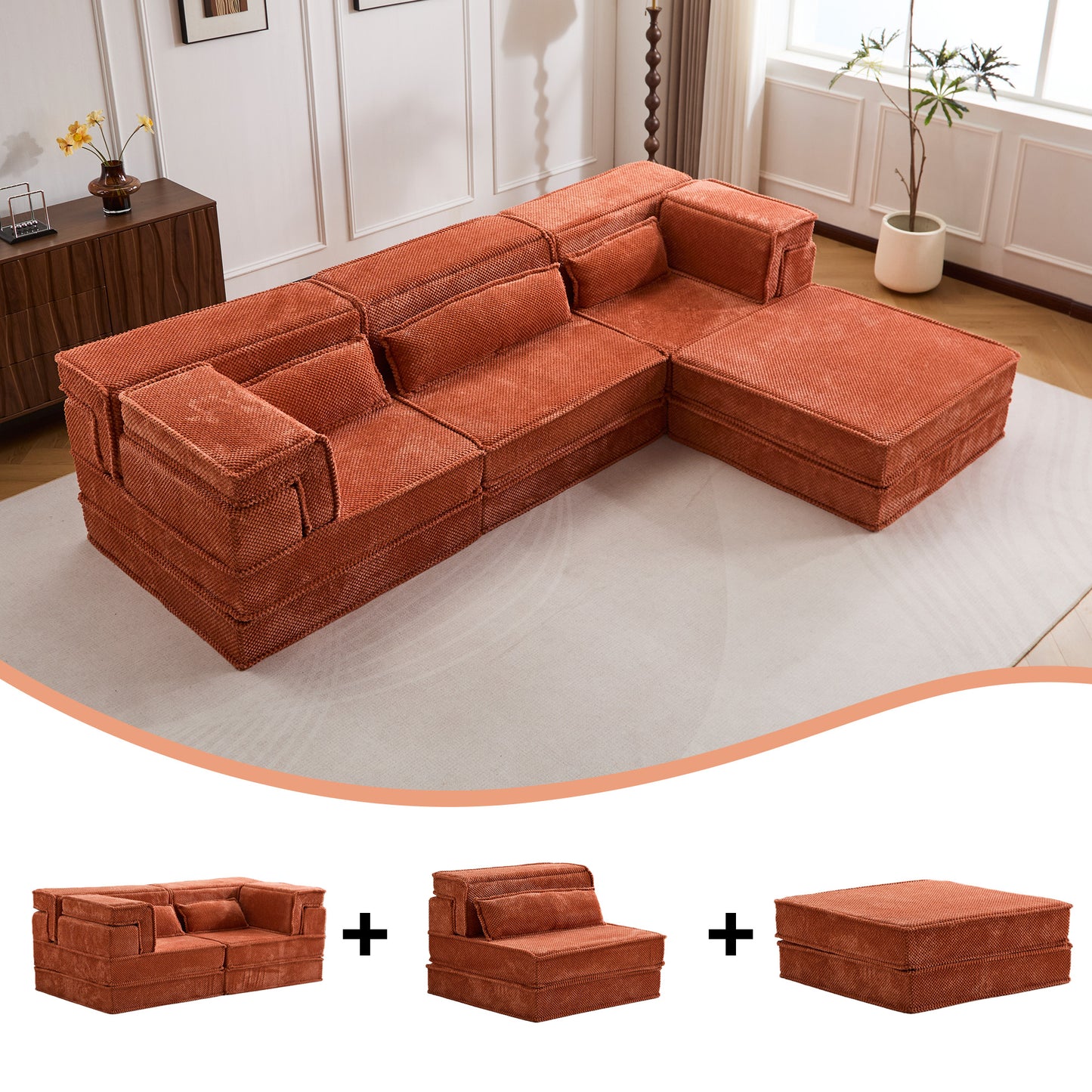 Compression Mahjong Sofa,Convertible Floor Sofa Bed,DIY Boneless Modular Sectional Sofa,No Assembly Required,Circle Fleece Fabric,Oversized 3 Seater With 1 Ottoman,Orange