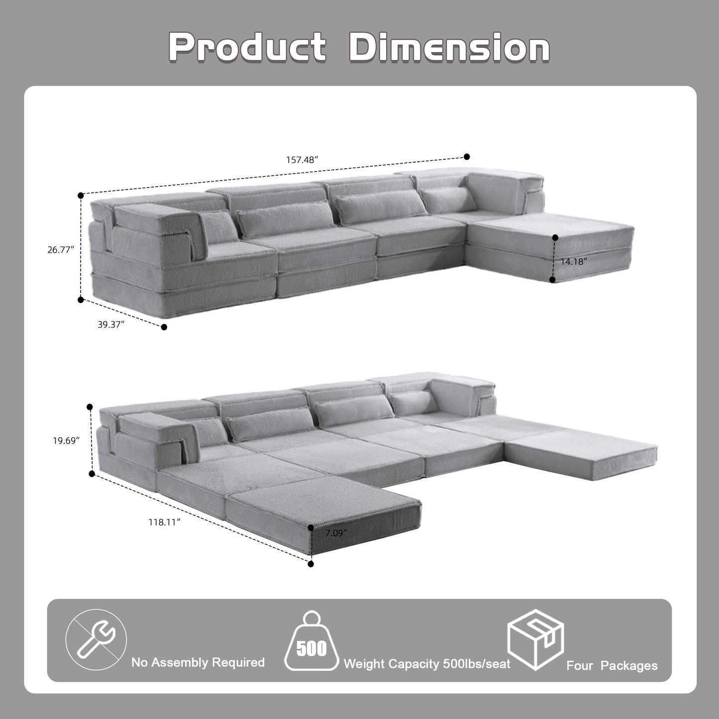 Compression Mahjong Sofa,Convertible Floor Sofa Bed,DIY Boneless Modular Sectional Sofa,No Assembly Required,Circle Fleece Fabric,Oversized 4 Seater With 1 Ottoman,Light-grey