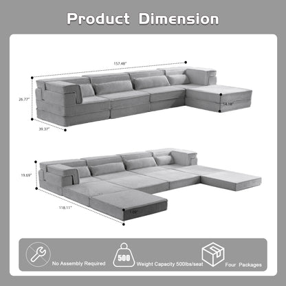 Compression Mahjong Sofa,Convertible Floor Sofa Bed,DIY Boneless Modular Sectional Sofa,No Assembly Required,Circle Fleece Fabric,Oversized 4 Seater With 1 Ottoman,Light-grey