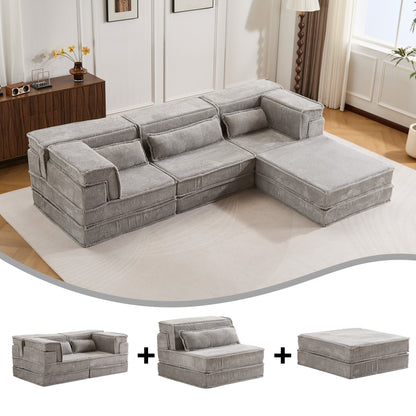 Compression Mahjong Sofa,Convertible Floor Sofa Bed,DIY Boneless Modular Sectional Sofa,No Assembly Required,Circle Fleece Fabric,Oversized 3 Seater With 1 Ottoman,Light-grey