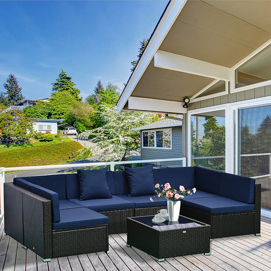 7 Piece Set Rattan Sofa Luxury Modular Conversation Outdoor Furniture - Deep Blue