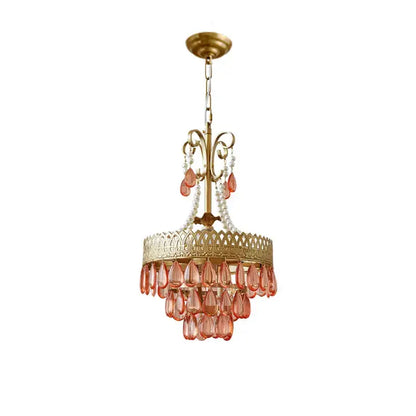 Filigree gold crystal led ceiling chandelier with peach teardrop glass crystals and white pearls for dining room decorbites crystal led