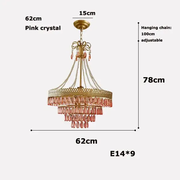 Filigree gold crystal led ceiling chandelier featuring a delicate pink crystal design with adjustable hanging chain for dining room decorbites crystal led