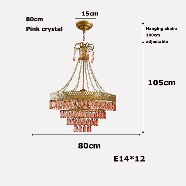 Filigree gold crystal led ceiling chandelier with pink crystal droplets and adjustable chain for dining room decorbites crystal led