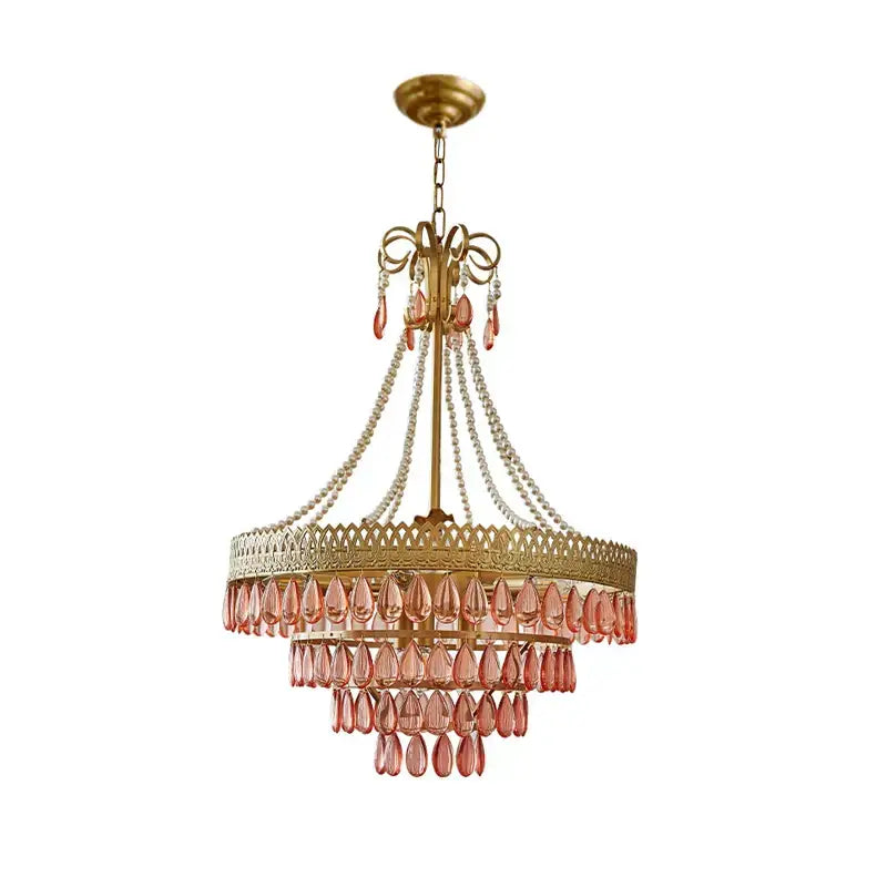 Filigree gold crystal led ceiling chandelier with pink teardrop crystals and pearls for dining room decorbites crystal led