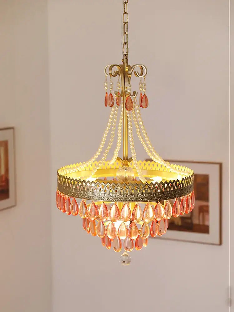 Filigree gold crystal led ceiling chandelier with brass frame and peach teardrop crystals for dining room decorbites crystal led