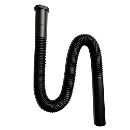 Black flexible siphon sink drain hose with ribbed texture and rigid chrome brass end caps for kitchen use