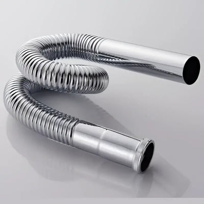 A flexible chrome brass siphon sink drain pipe featuring a corrugated metal hose with smooth cylindrical ends