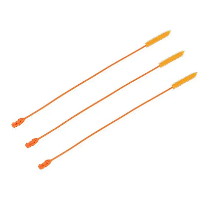 Three bright orange plastic decorbites drain cleaner brush with flexible bristles and molded handles for kitchen use