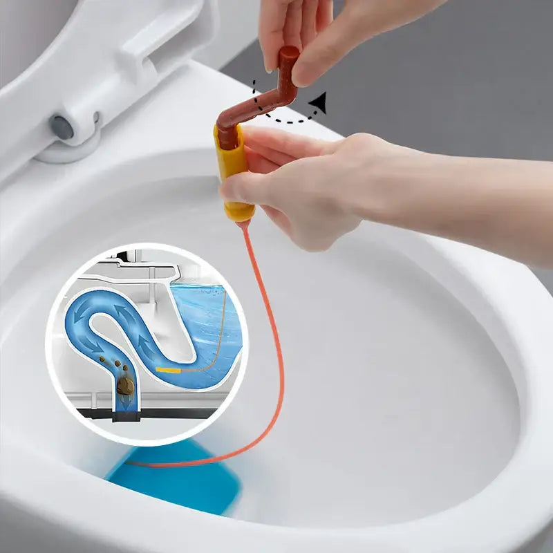 Flexible orange and yellow decorbites drain cleaner brush with a flexible red cord for kitchen hair removal