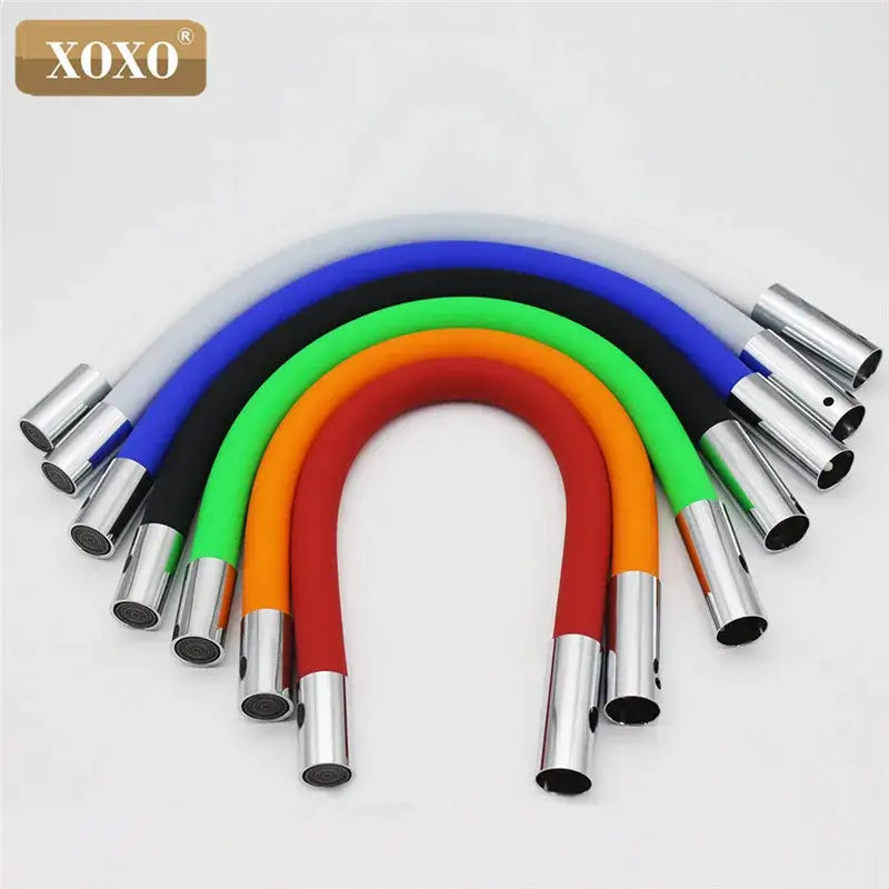 A set of colorful flexible silica gel nose kitchen faucet extensions with polished chrome metal caps