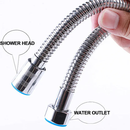 Flexible silver stainless steel shower hose with chrome finish, textured grip, and blue rubber seals by decorbites 3m silver