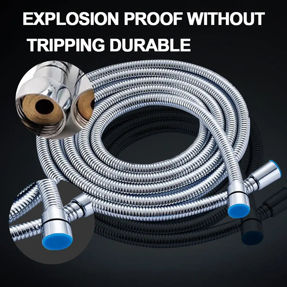 Silver stainless steel shower hose with flexible explosion-proof design and blue-tipped connectors for bathroom use decorbites 3m silver