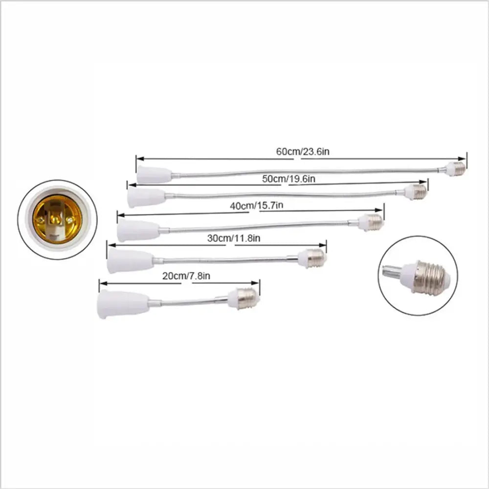 Set of four white plastic and metal e27 base extension adaptors in varying lengths for flexible living room lamp use