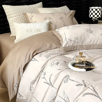 Beige satin duvet cover with delicate black floral embroidery in floral beige egyptian cotton bedding set