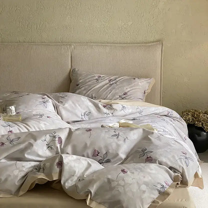 Soft off-white floral beige egyptian cotton bedding set with pink and gray embroidery for bedroom muse land print