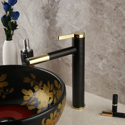 Modern black and gold swivel brass faucet with sleek minimalist design for floral black and red ceramic vessel sink bathroom