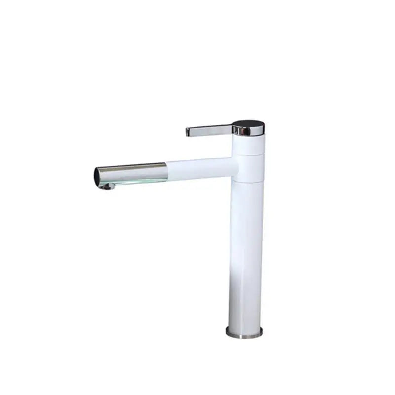 Modern white ceramic faucet with chrome accents paired with a floral black and red ceramic vessel sink swivel brass faucet