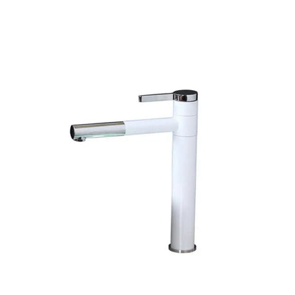 Modern white ceramic faucet with chrome accents paired with a floral black and red ceramic vessel sink swivel brass faucet