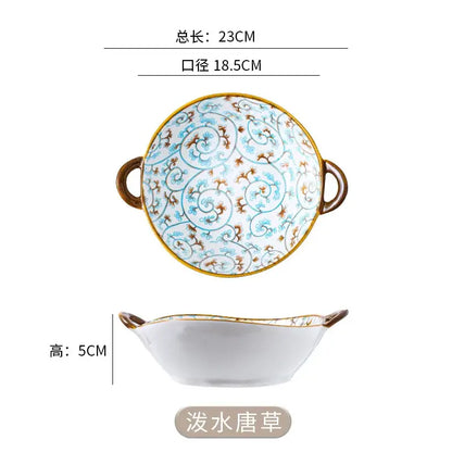 A white ceramic double ear ramen soup bowl with blue and gold swirling pattern and brown handles by decorbites ceramic double