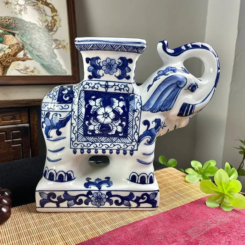 White and blue porcelain elephant statue with intricate floral and geometric patterns for living room decorbites decor