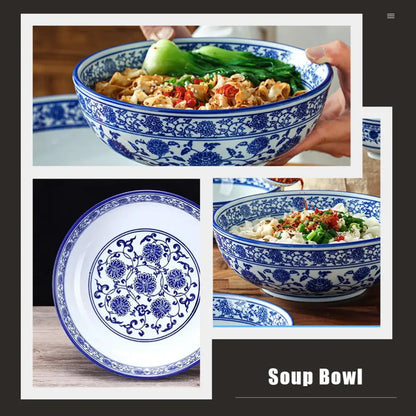 Blue and white ceramic soup bowl with intricate floral patterns ideal for dining room noodle dishes by decorbites blue