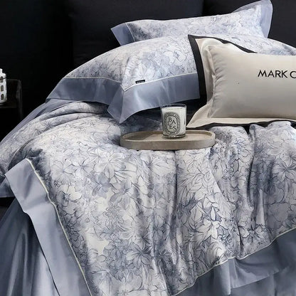 Elegant gray floral satin egyptian cotton bedding set with blue accents and matching pillowcase by mark brand