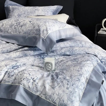 Delicate gray floral patterned satin egyptian cotton bedding set with light blue piping for bedroom linens