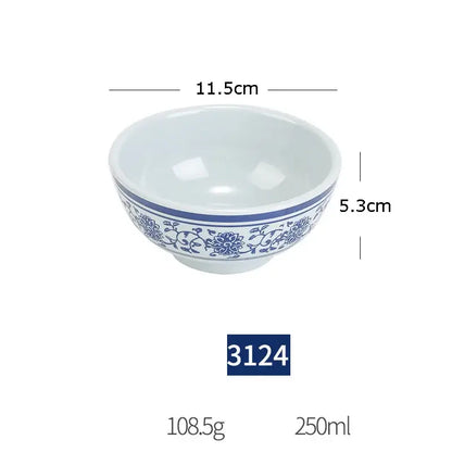 A white imitation porcelain dinner set bowl with blue floral pattern and solid band holds 250ml liquid
