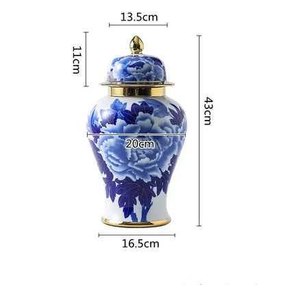 Decorative blue and white porcelain general jar vase with peony pattern and gold-trimmed lid for living room decor