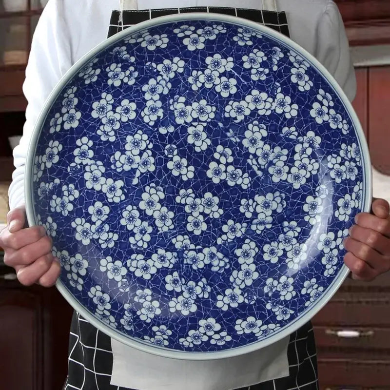 Floral blue and white porcelain serving plate with delicate floral pattern for white porcelain serving use